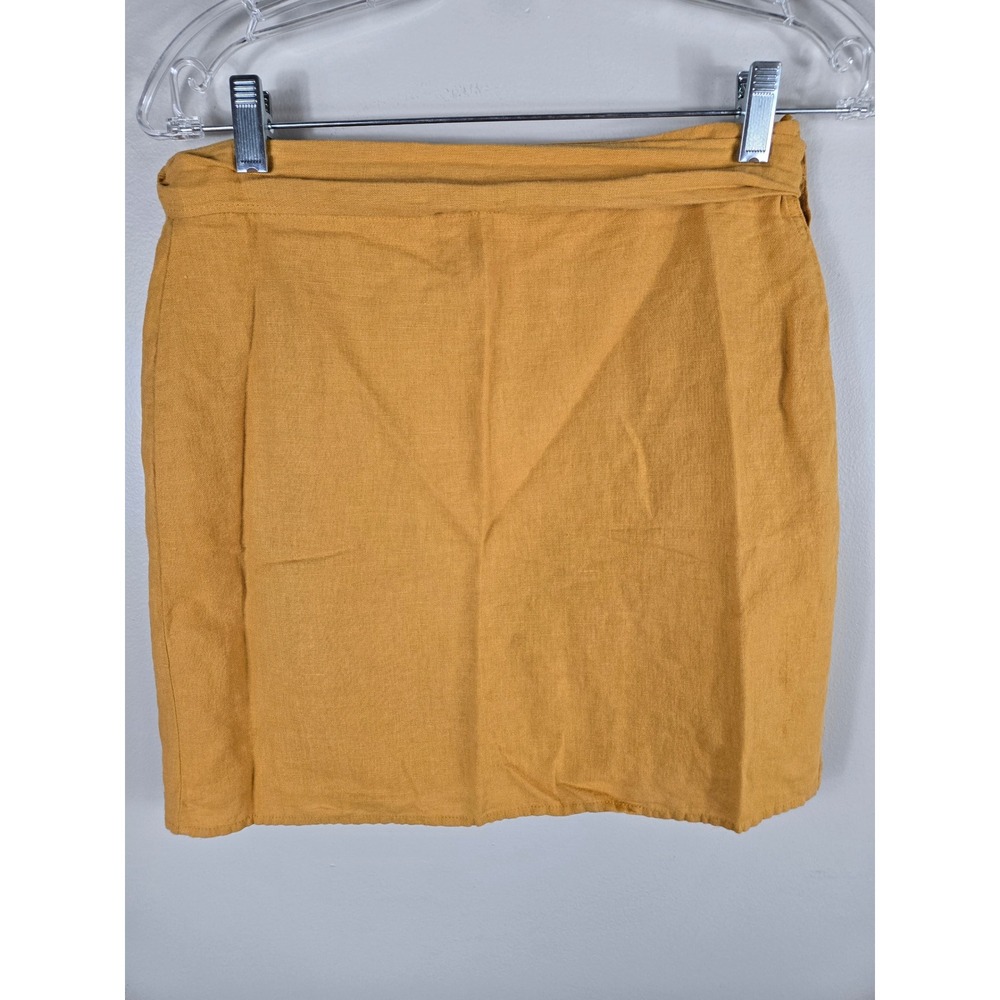 Zara Mustard Yellow Linen Blend Wrap Mini Skirt with Side Tie Size S - Picture 5 of 8